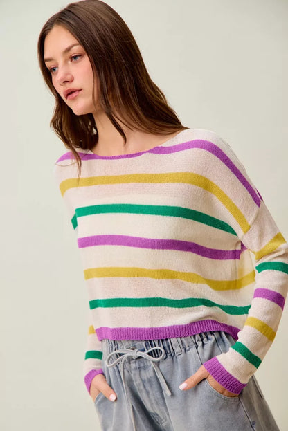 Mardi Gras Color Stripe Lightweight Sweater Top -