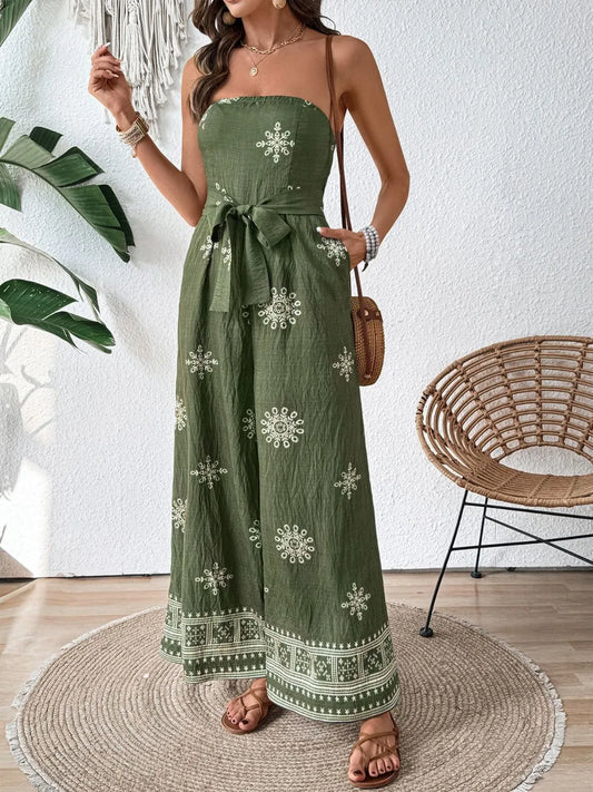 Printed Wide Leg Tube Jumpsuit - Matcha Green