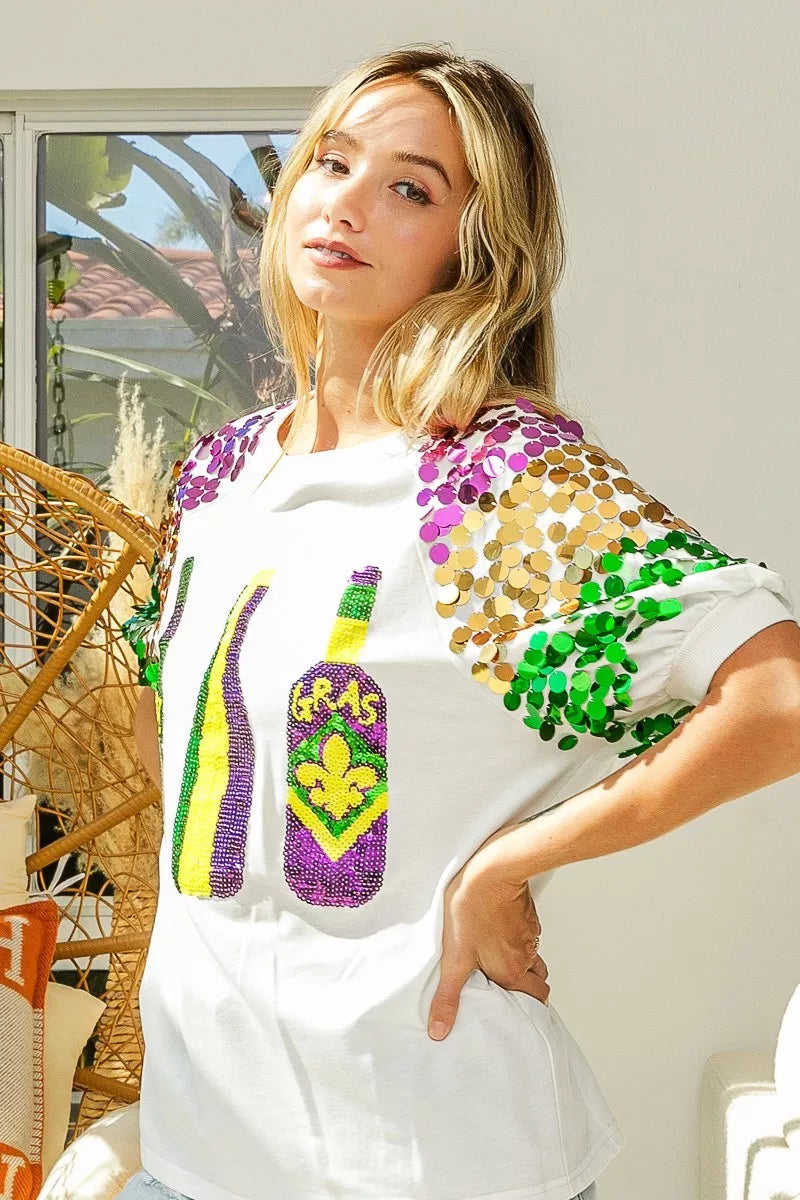 Sequin Mardi Gras Bottles Spangled Sleeve Top -