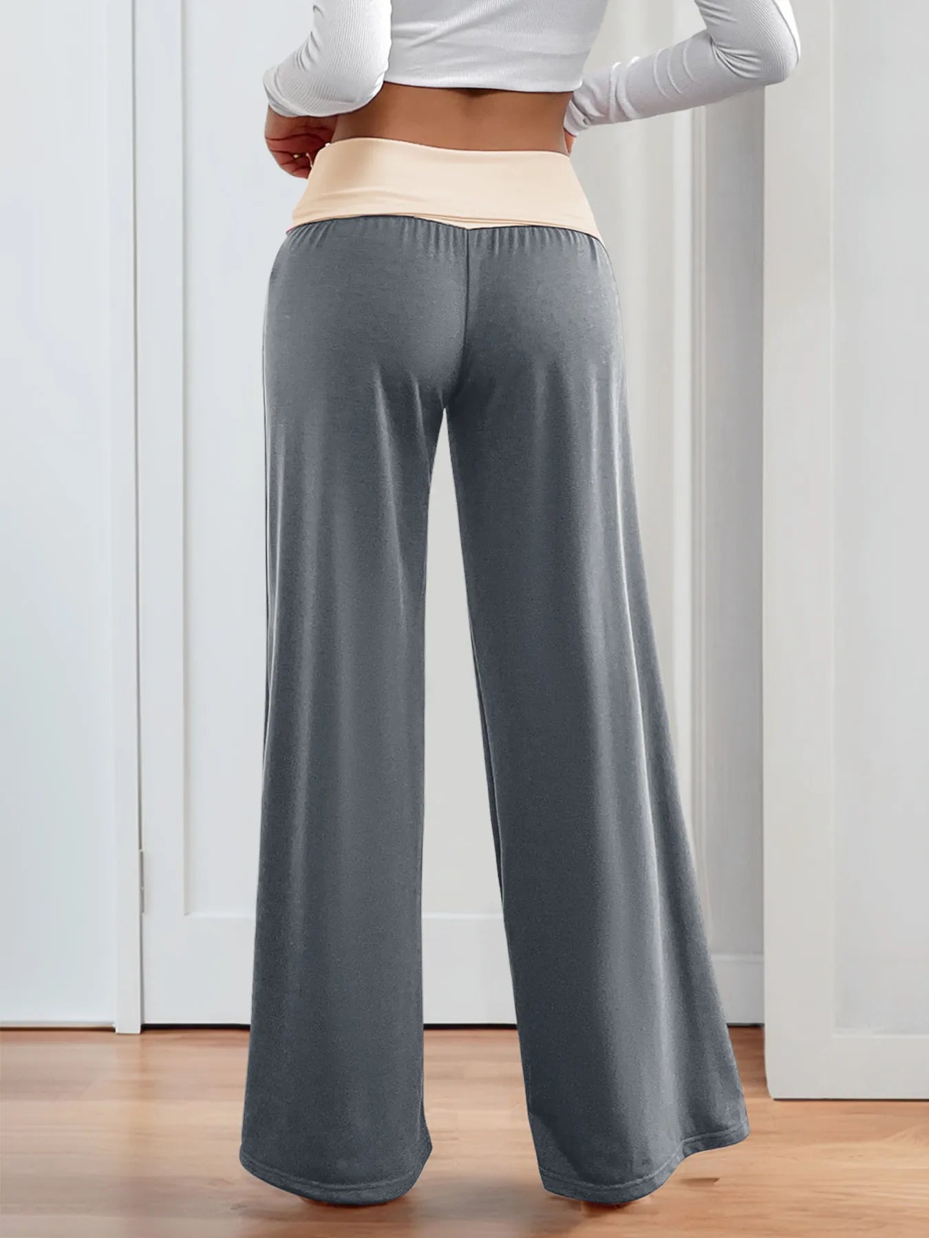 Contrast Waistband Wide Leg Pants -
