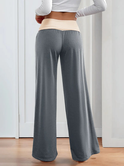 Contrast Waistband Wide Leg Pants -