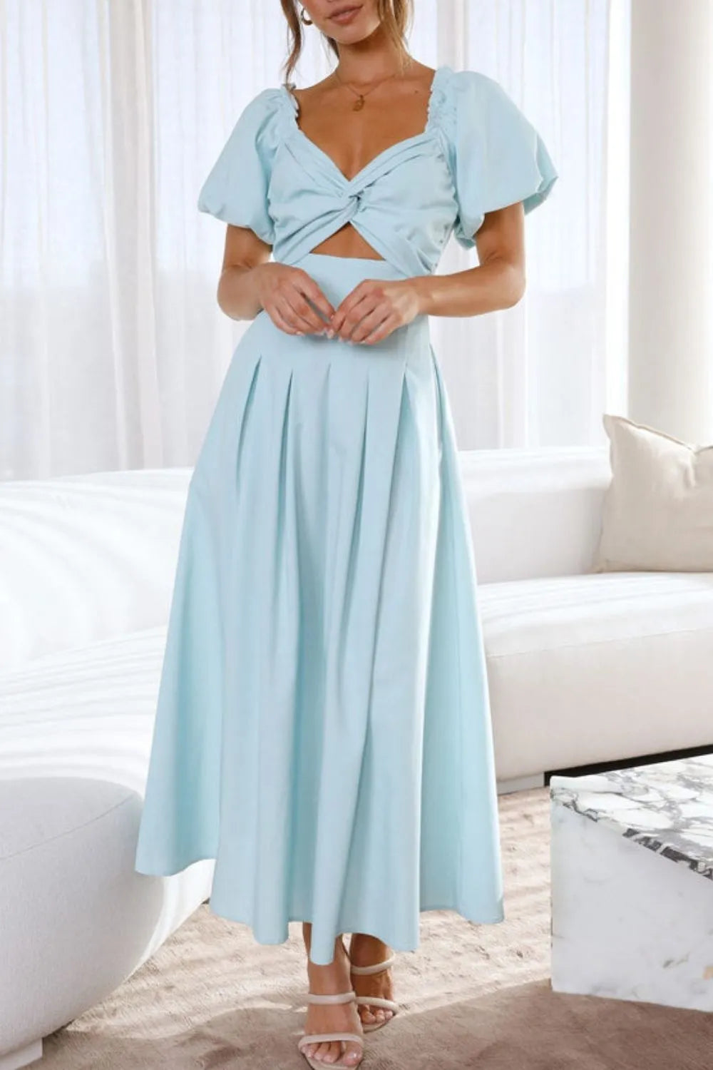 Sweetheart Neck Puff Sleeve Dress - Pastel Blue