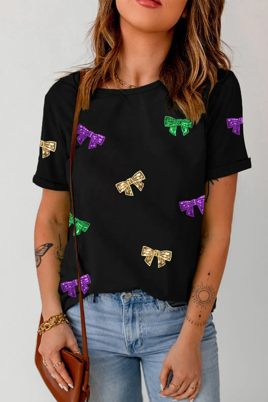 Bow Print Sequin Round Neck Short Sleeve T-Shirt - Black