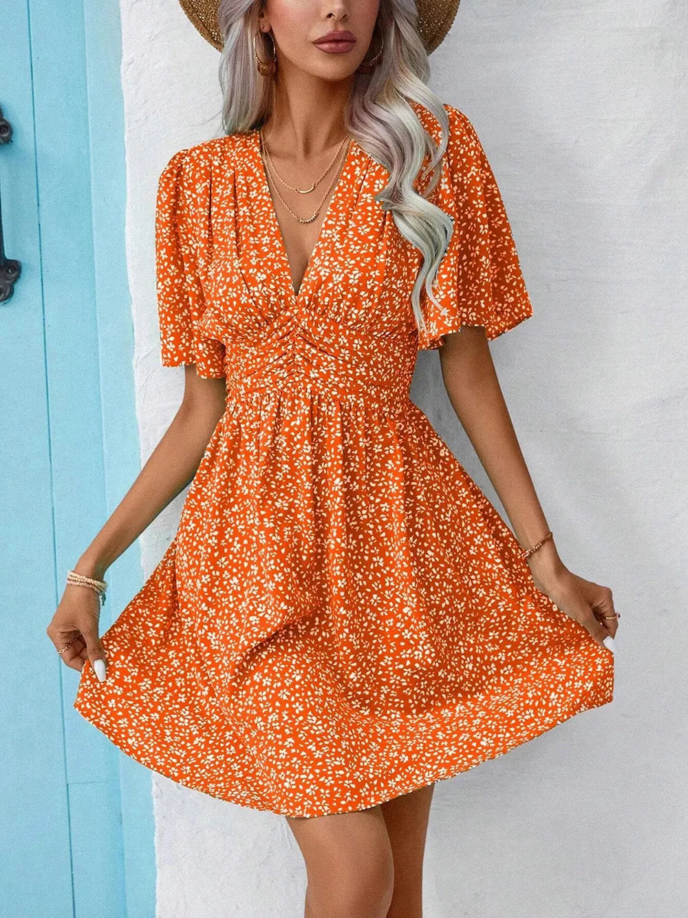 Printed V-Neck Half Sleeve Mini Dress - Orange