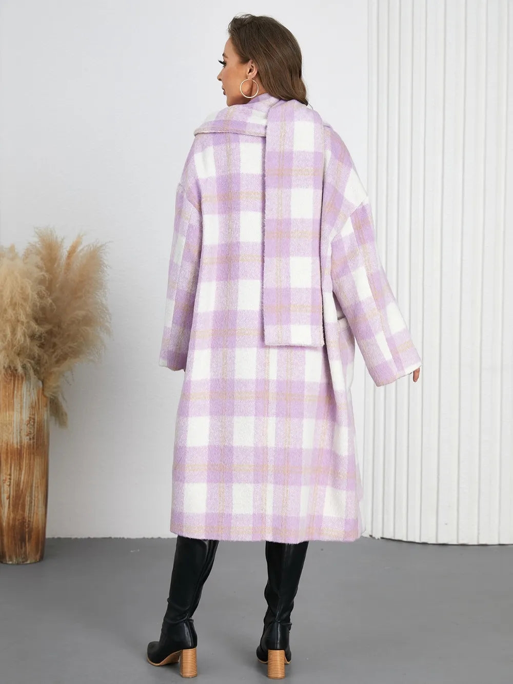 Plaid Button Up Long Sleeve Coat - Pink Purple