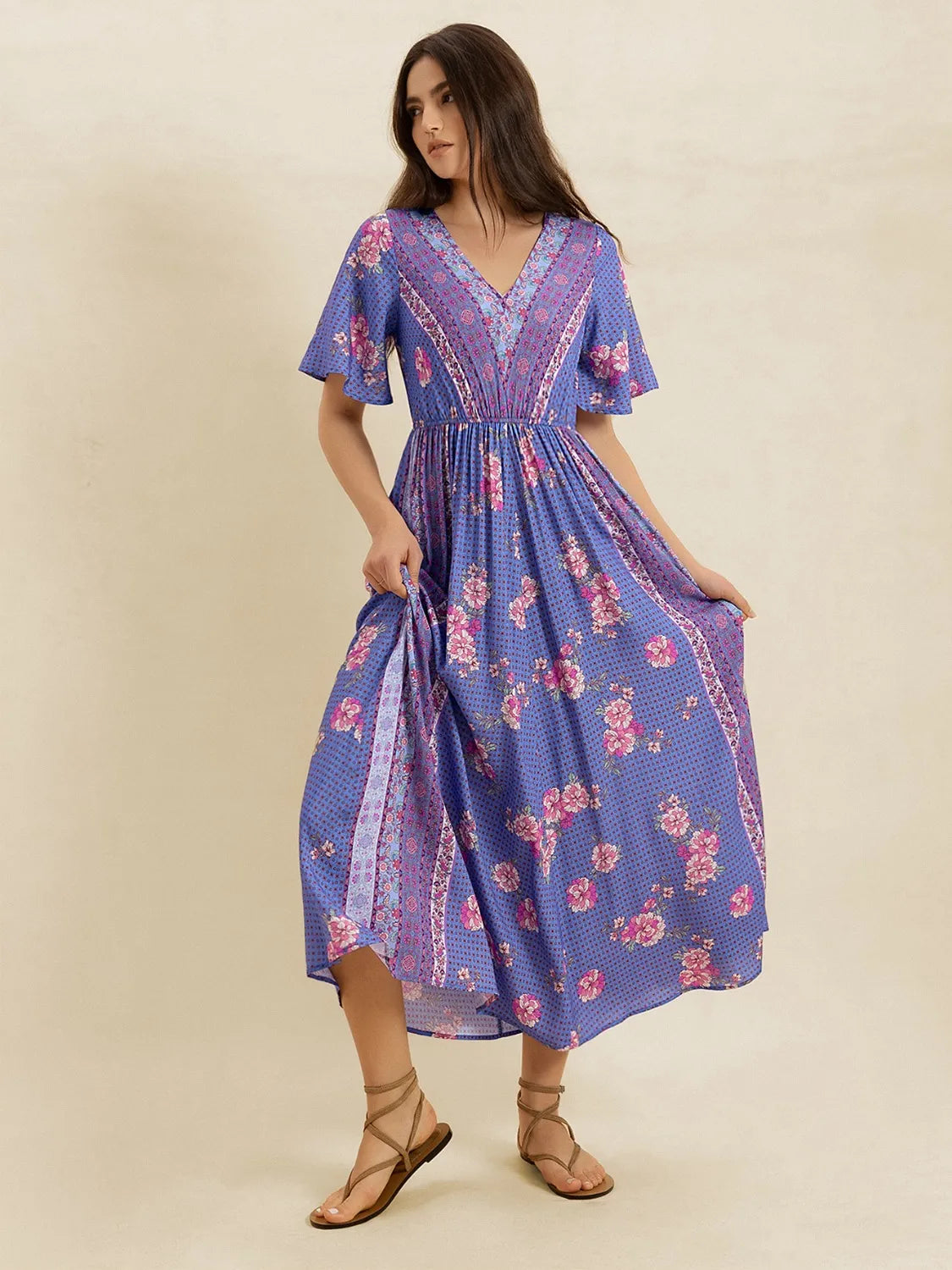 Printed Short Sleeve Midi Dress -