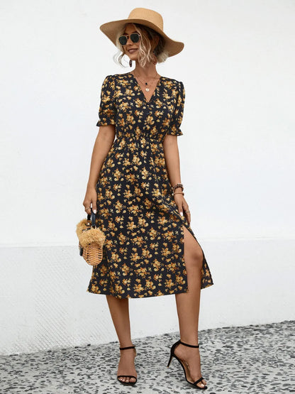 Slit Printed V-Neck Short Sleeve Dress -