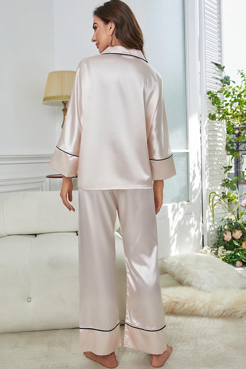 Contrast Piping Button-Up Top and Pants Pajama Set -