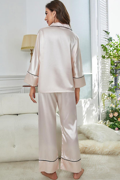 Contrast Piping Button-Up Top and Pants Pajama Set -