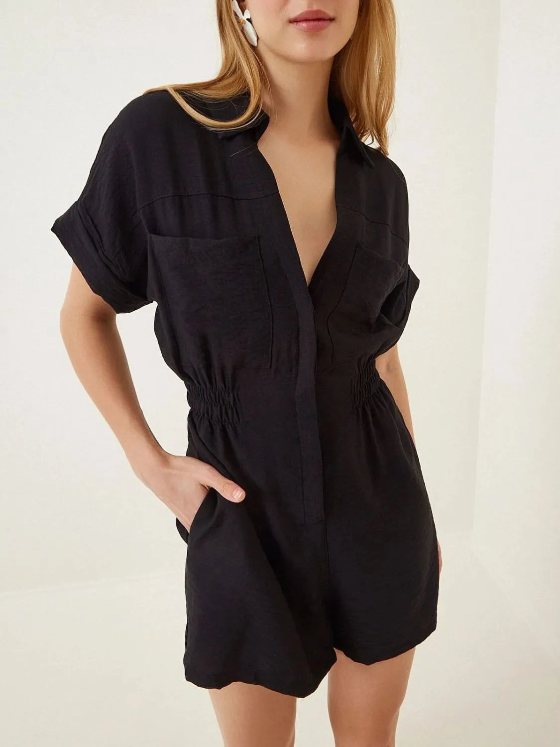Johnny Collar Short Sleeve Romper - Black