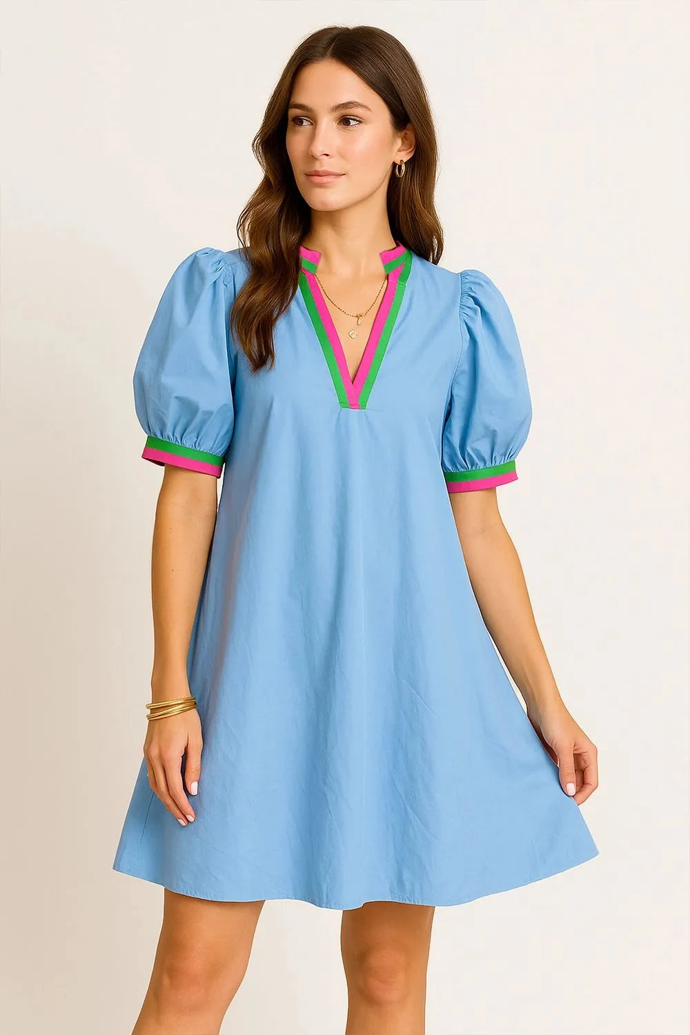 Notched Puff Sleeve Swing Dress - Light Blue