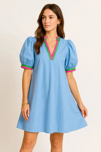 Notched Puff Sleeve Swing Dress - Light Blue