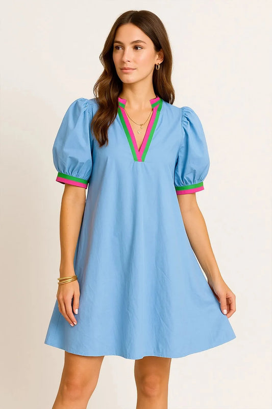 Notched Puff Sleeve Swing Dress - Light Blue