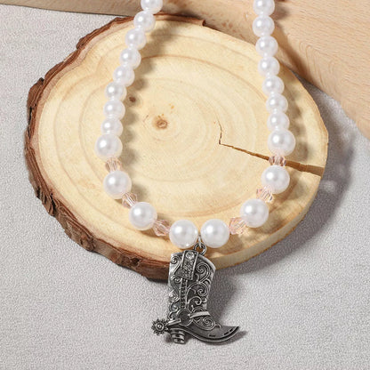 Pearl Beaded Cowboy Boot Necklace -