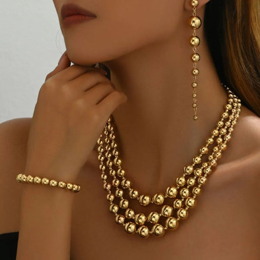 Beaded Multi-Layered Necklace Bracelet Earrings Jewelry Set -