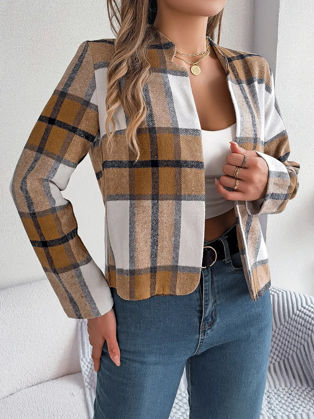 Plaid Open Front Long Sleeve Jacket -