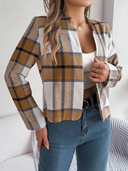 Plaid Open Front Long Sleeve Jacket -