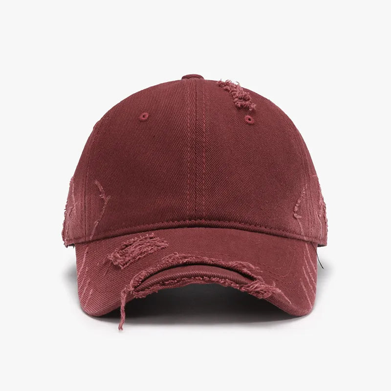Distressed Adjustable Cotton Hat - Burgundy One Size