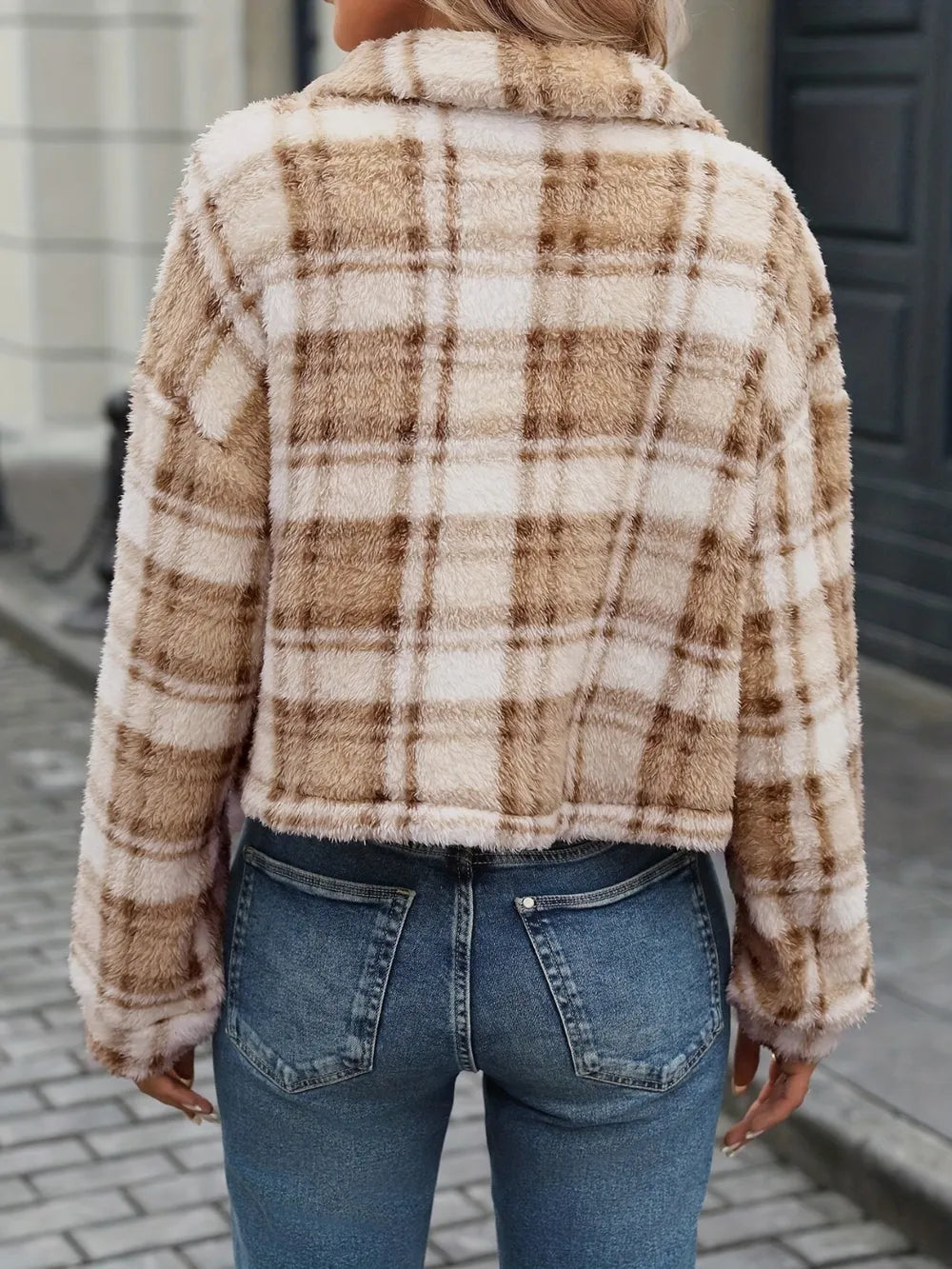 Plaid Button Up Collared Neck Jacket - Camel