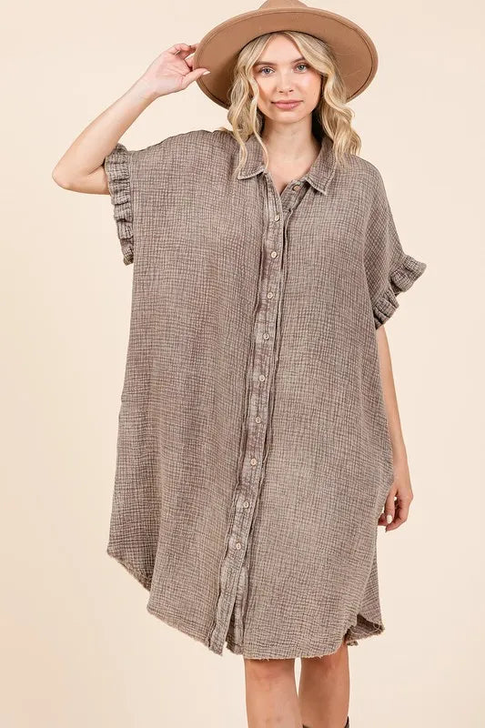 Mineral Wash Cotton Gauze Mini Shirt Dress -