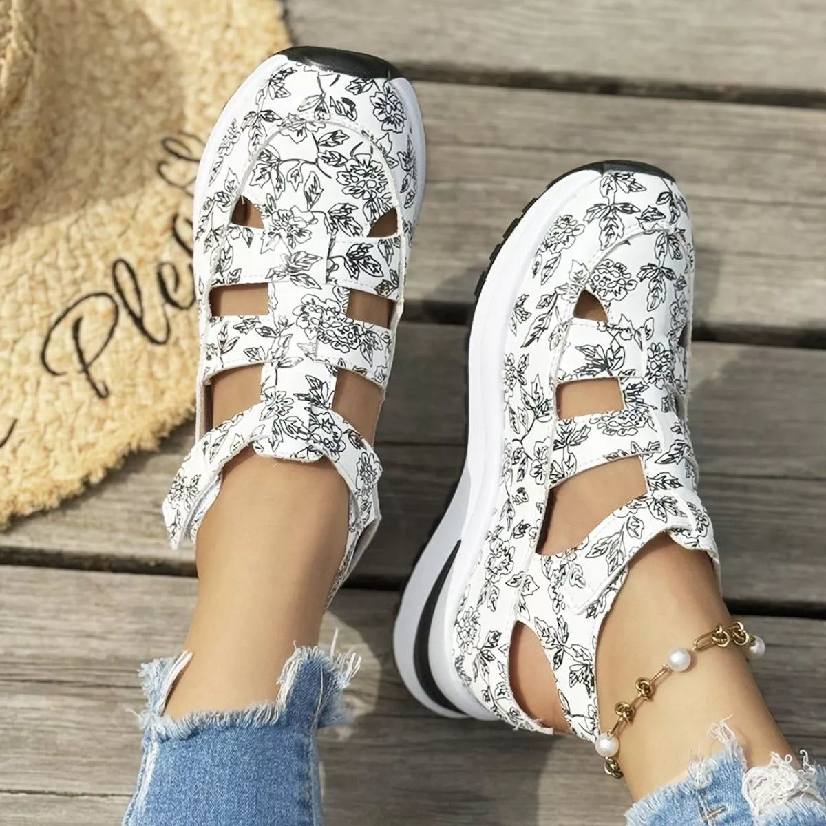 Cutout Velcro Sandals - White