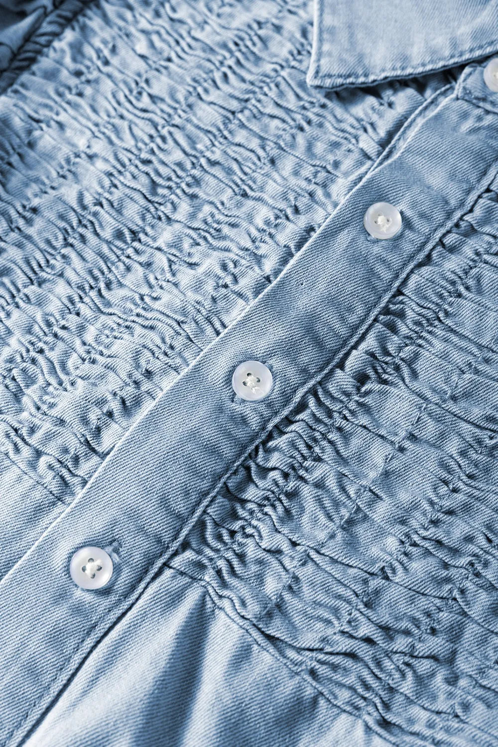 Smocked Collared Neck Cap Sleeve Denim Dress -
