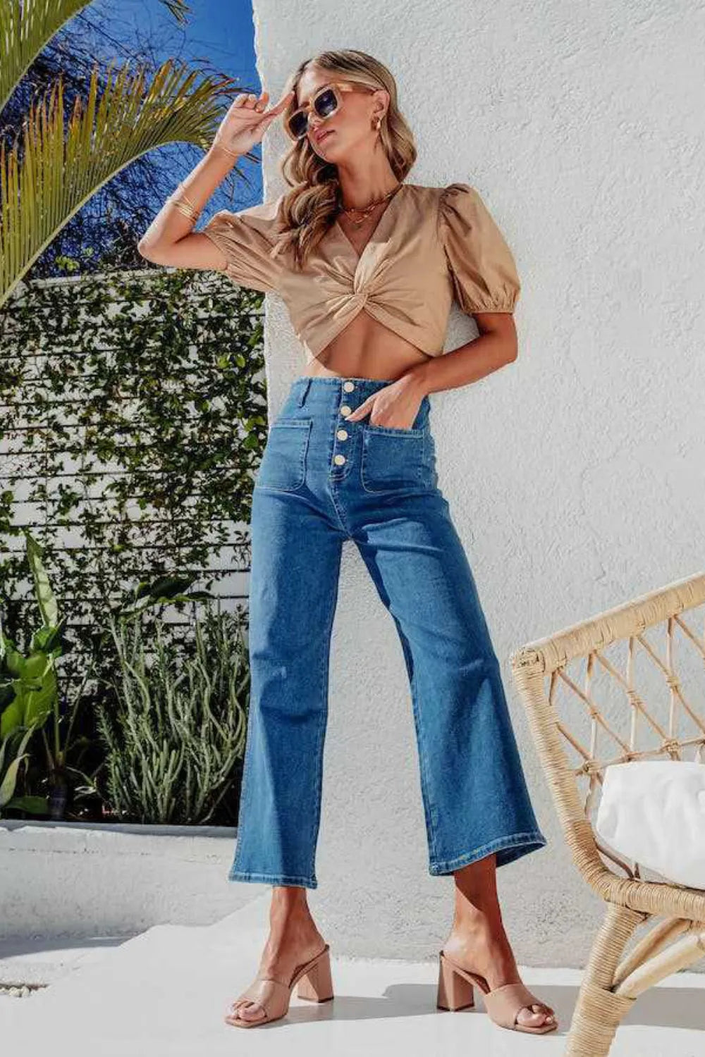 Button Fly Cropped Wide Leg Jeans - Dark Blue
