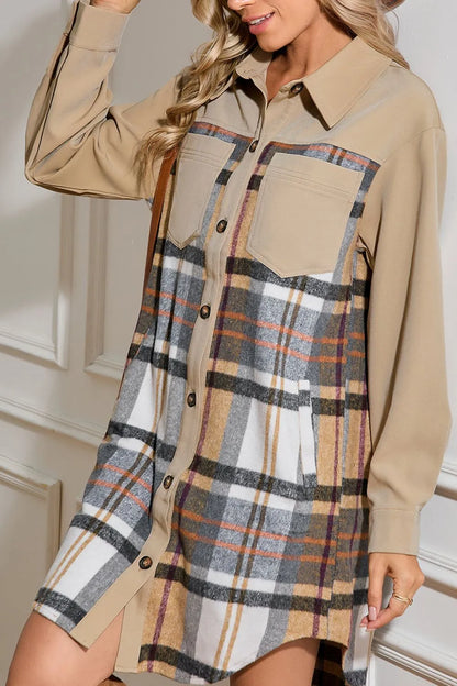 Pocketed Plaid Long Sleeve Mini Shirt Dress -