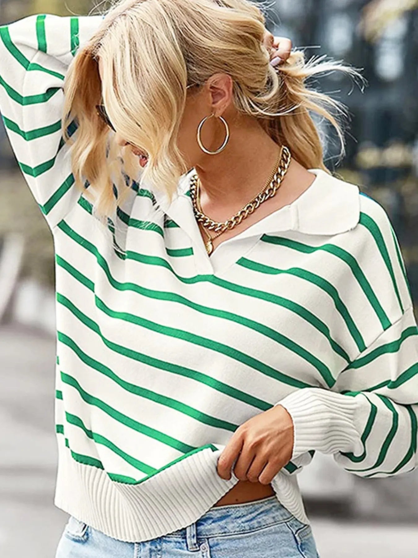 Ribbed Hem Long Sleeve Striped Sweater - Green