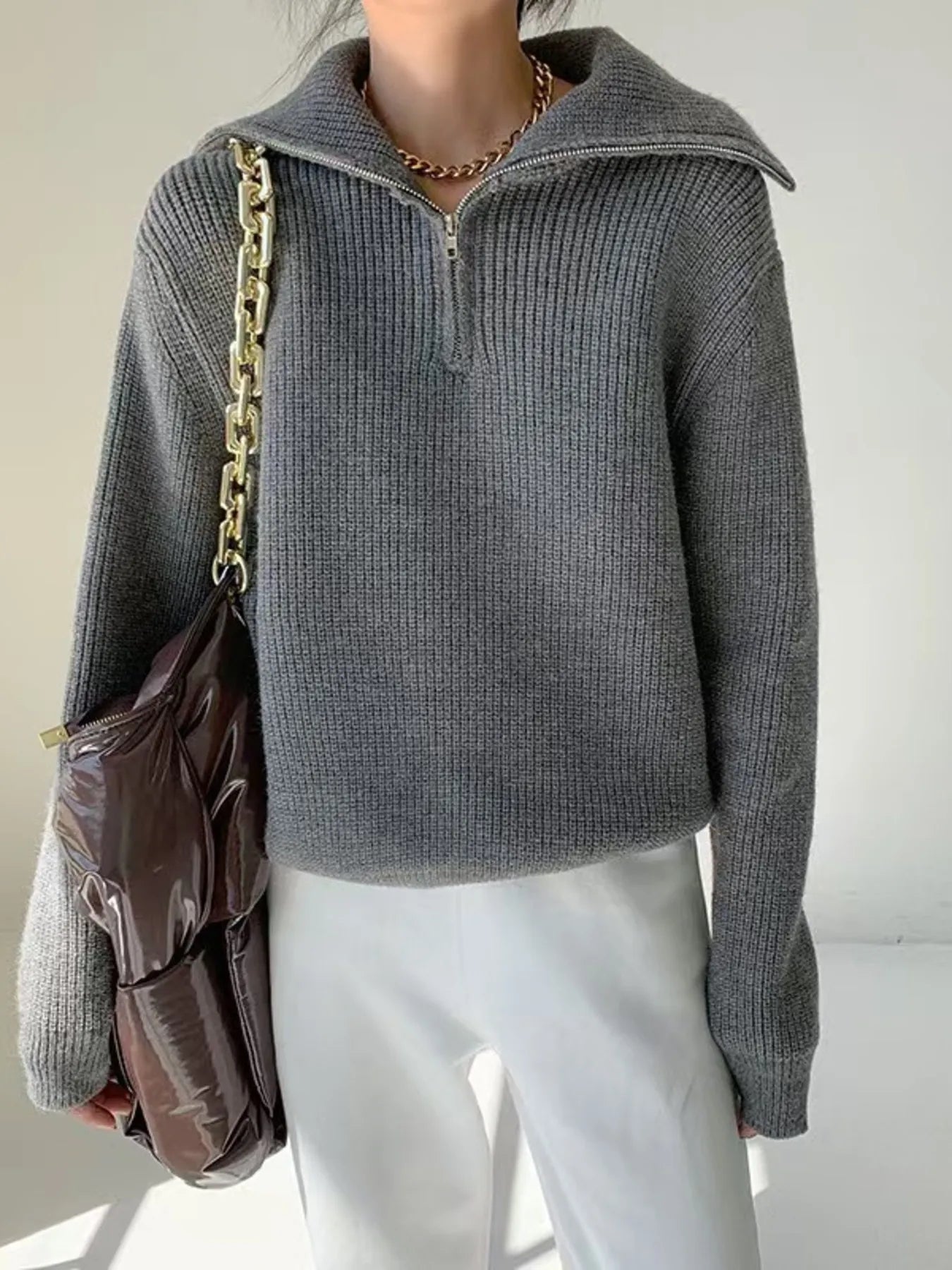 Half-Zip Long Sleeve Sweater - Dark Gray