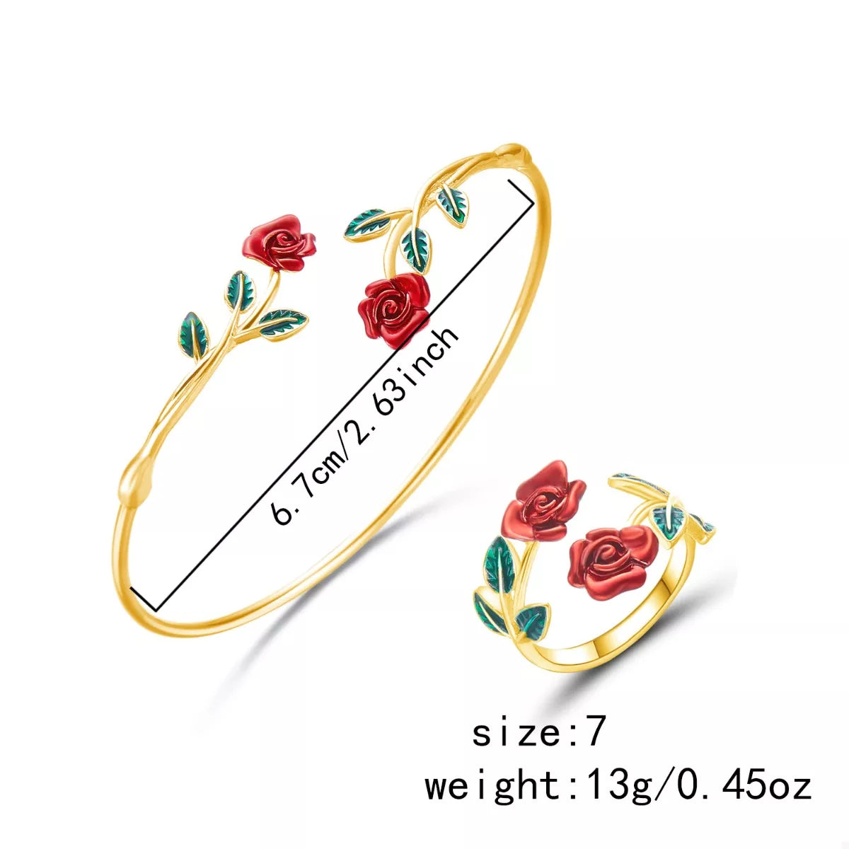 Rose Bypass Ring and Bracelet Jewelry Set -
