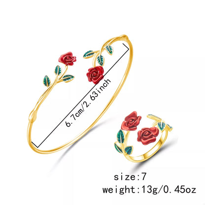 Rose Bypass Ring and Bracelet Jewelry Set -