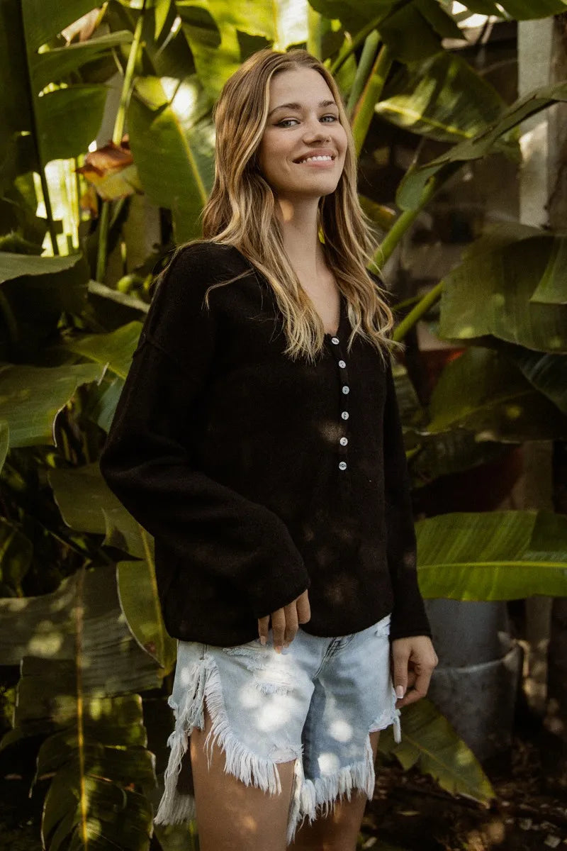 V-Neck Sweater Top - Black