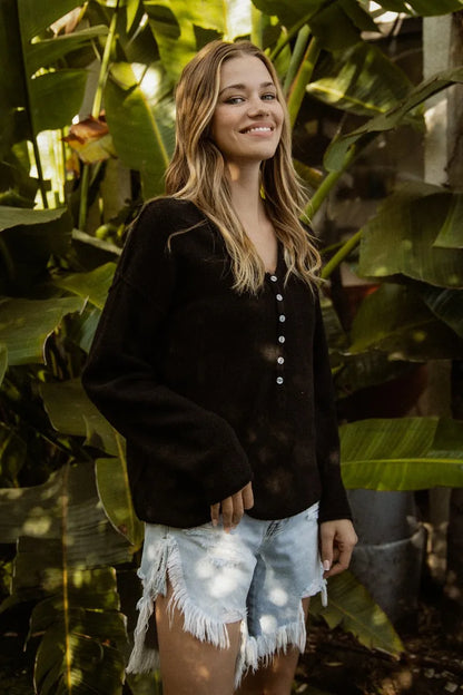 V-Neck Sweater Top - Black
