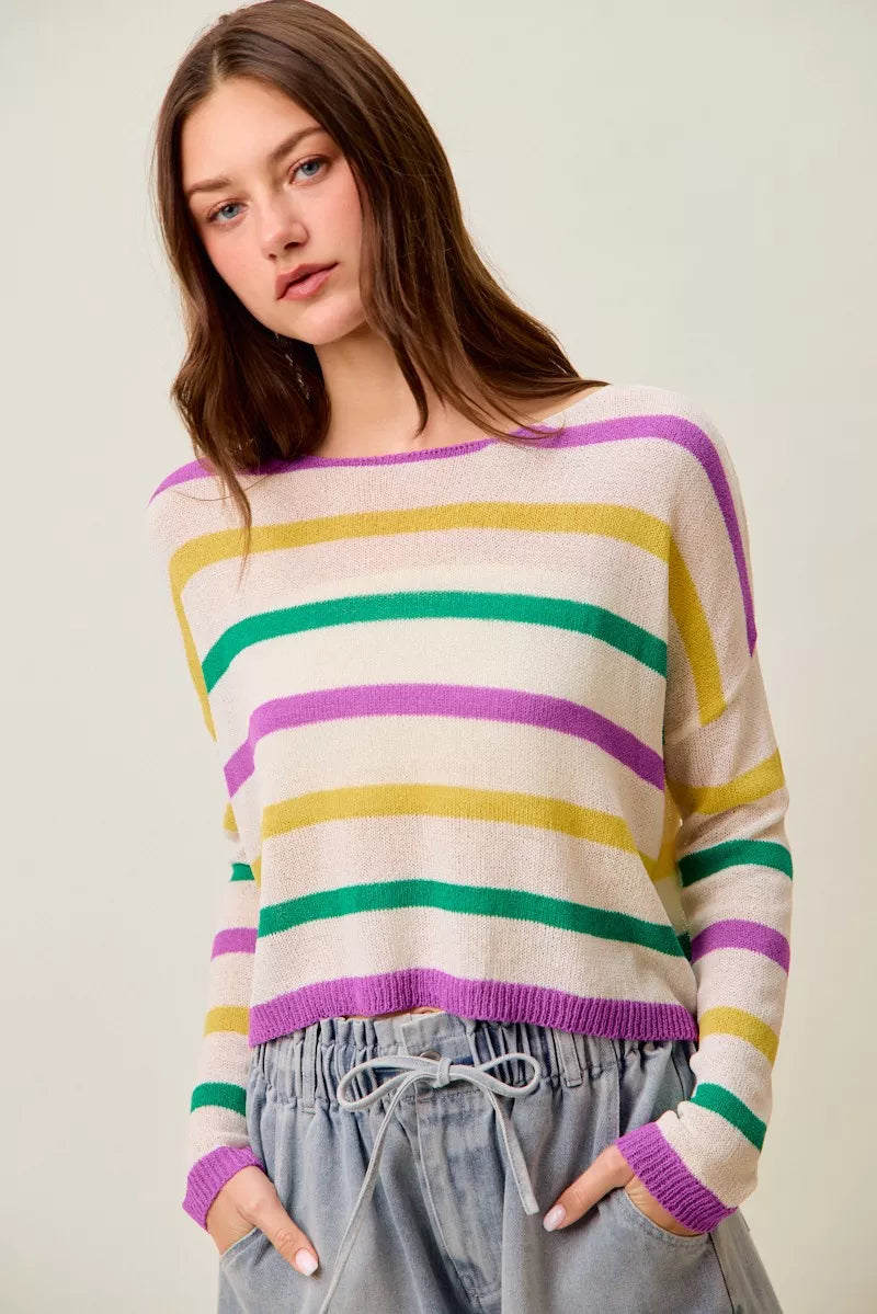 Mardi Gras Color Stripe Lightweight Sweater Top -
