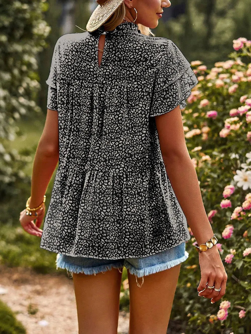 Printed Ruffle Sleeve Babydoll Blouse - Black