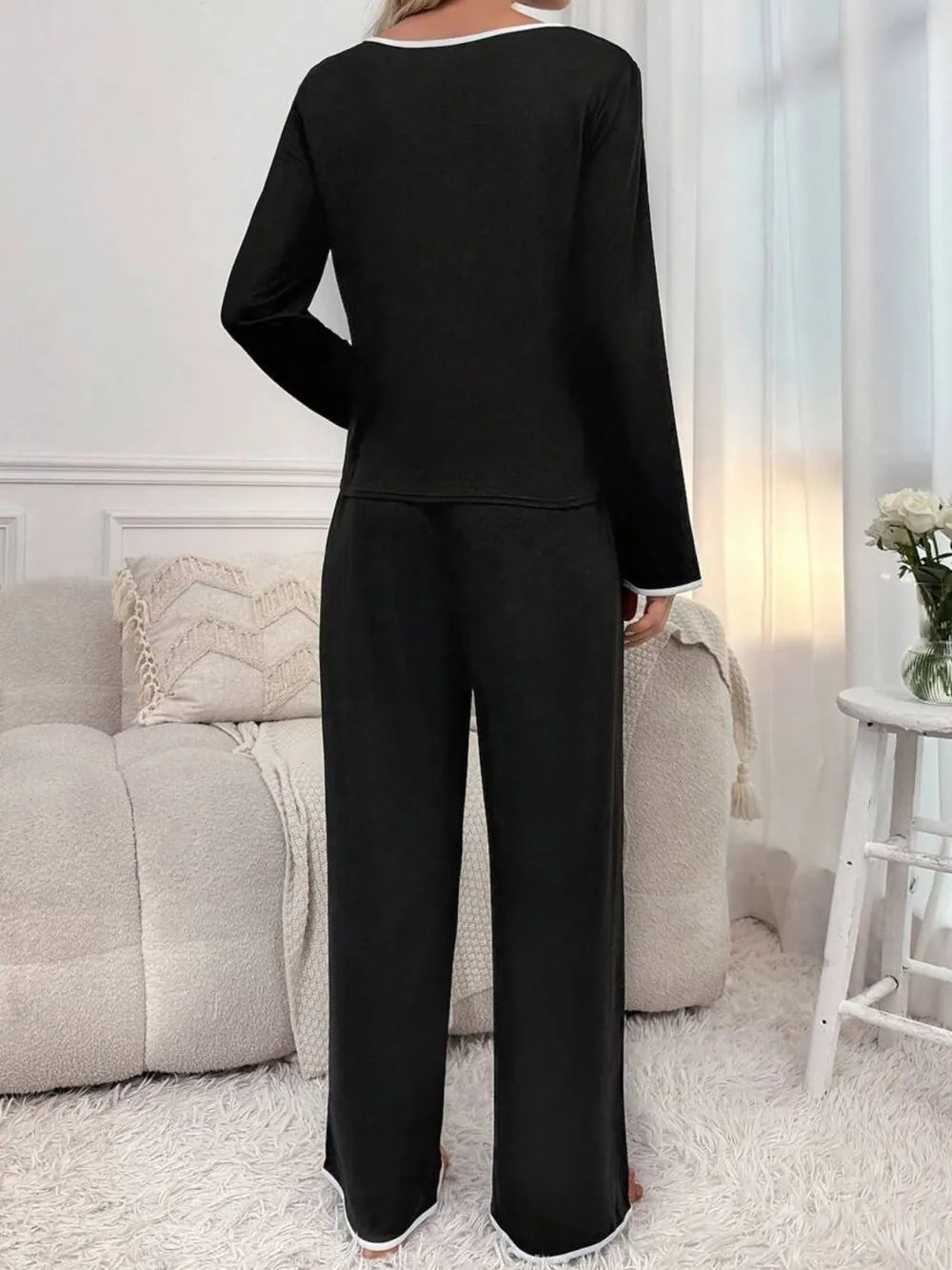 Contrast Trim Notched Long Sleeve Top and Pants Lounge Set -