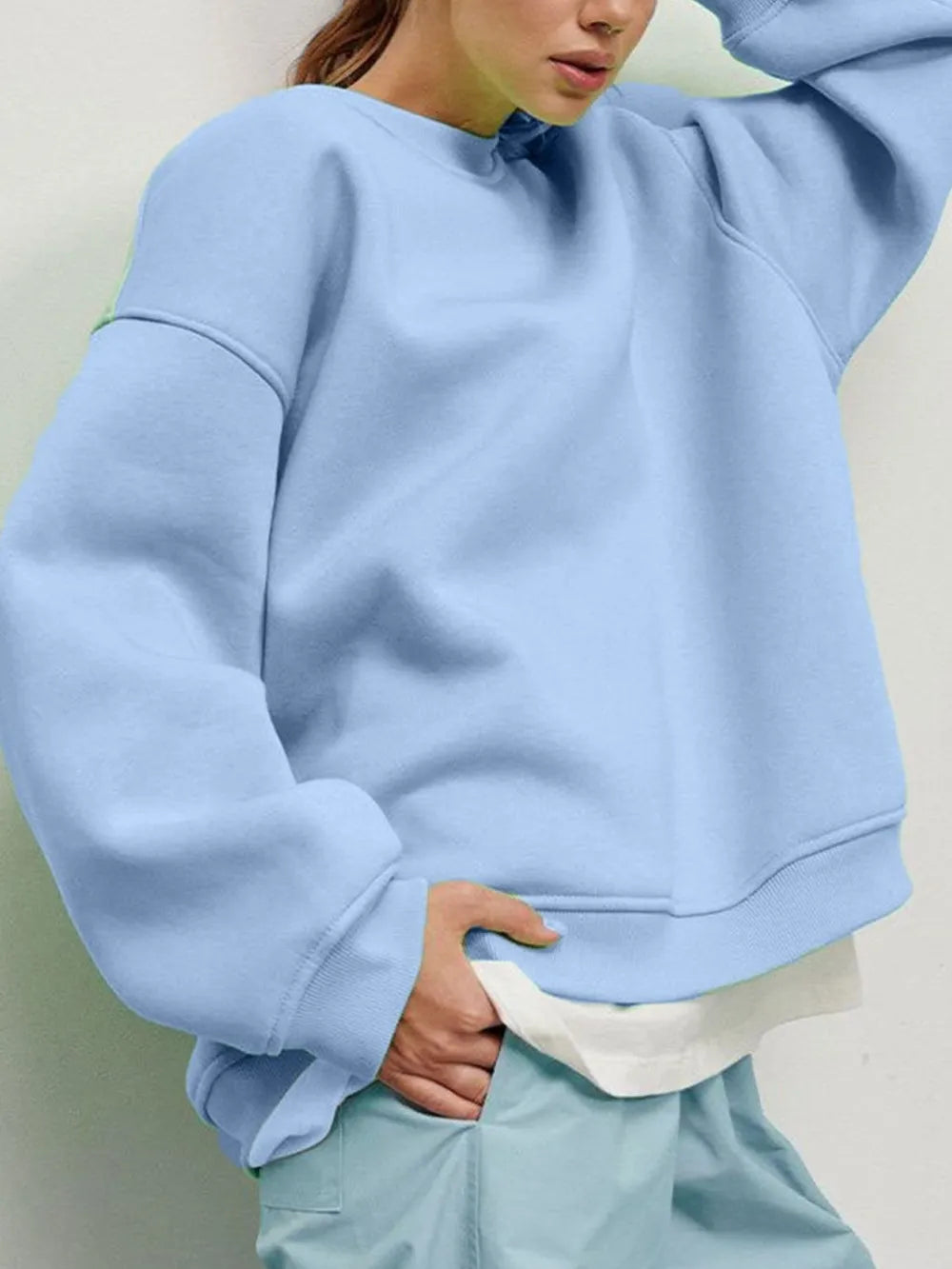 Round Neck Dropped Shoulder Long Sleeve Sweatshirt - Light Blue