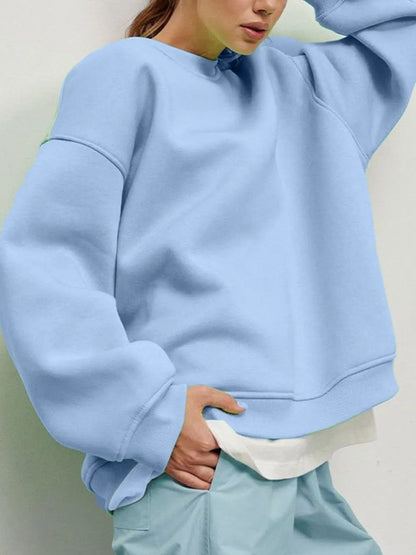 Round Neck Dropped Shoulder Long Sleeve Sweatshirt - Light Blue