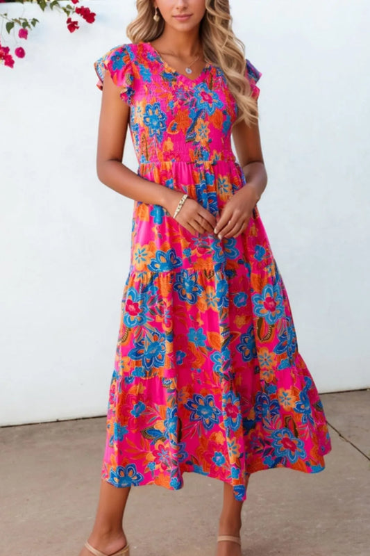 Boho Floral V-Neck Ruffle Tiered Dress - Hot Pink