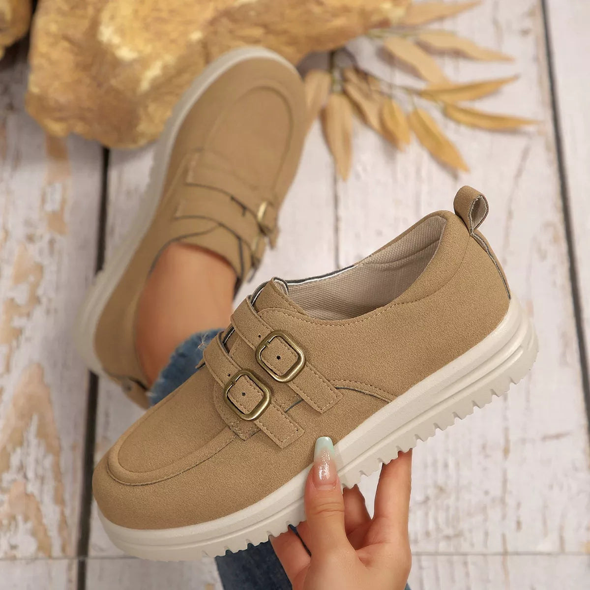 Buckle Accent Casual Loafers - Apricot