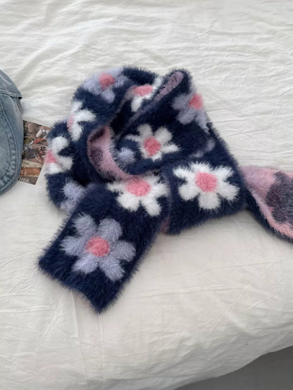 Floral Fuzzy Knit Scarf -