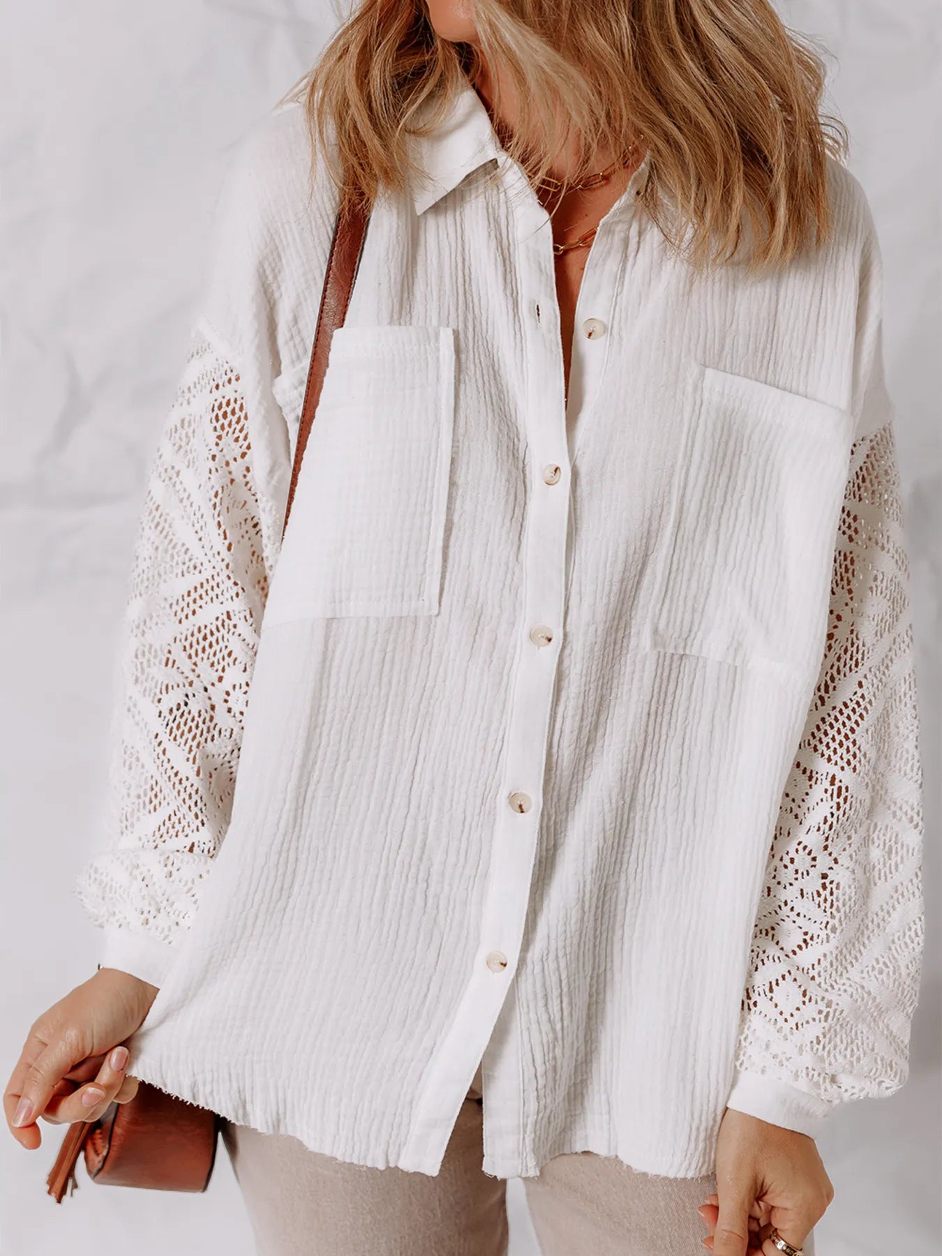 Lace Sleeve Button Down Shirt -