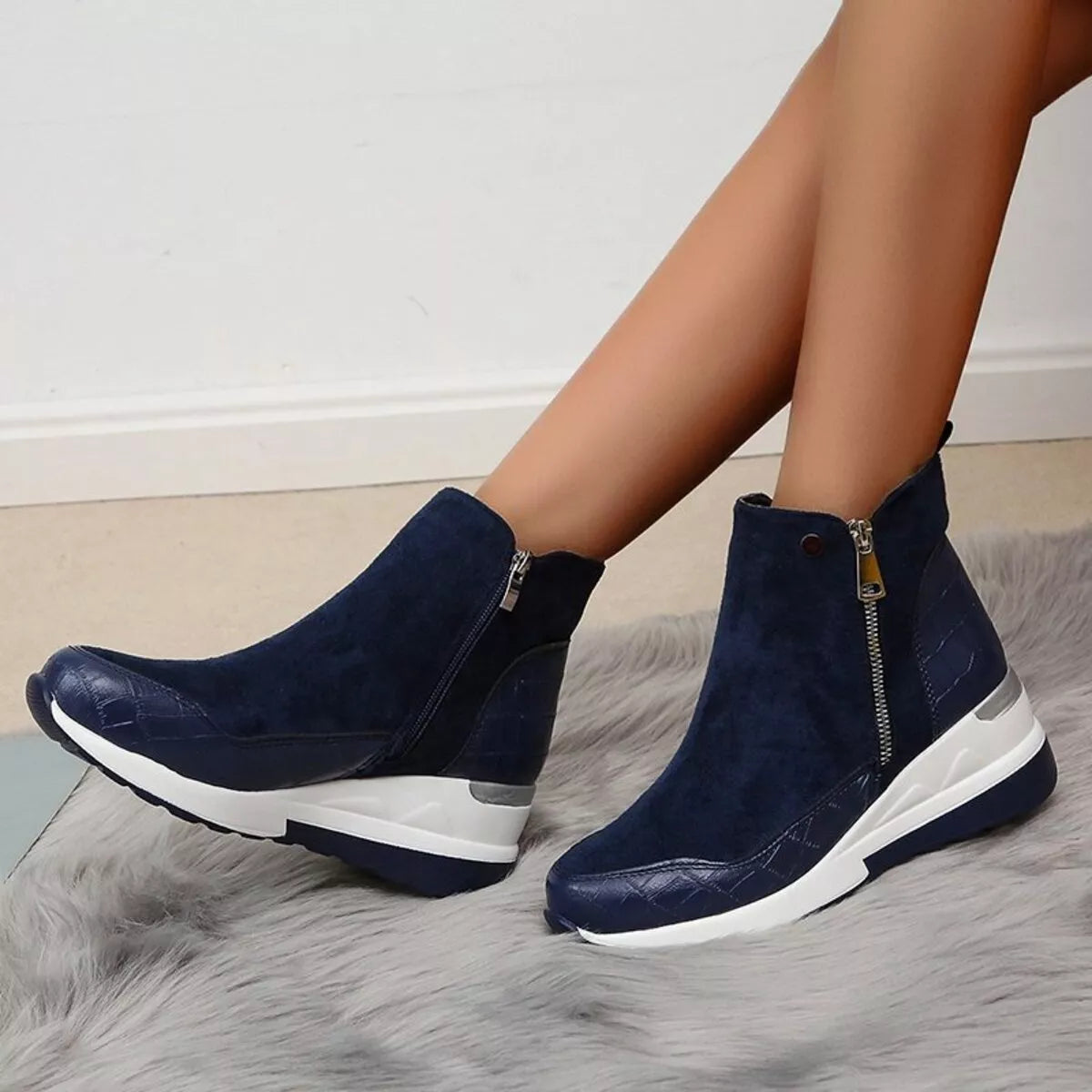 Side Zipper Ankle Boots - Blue
