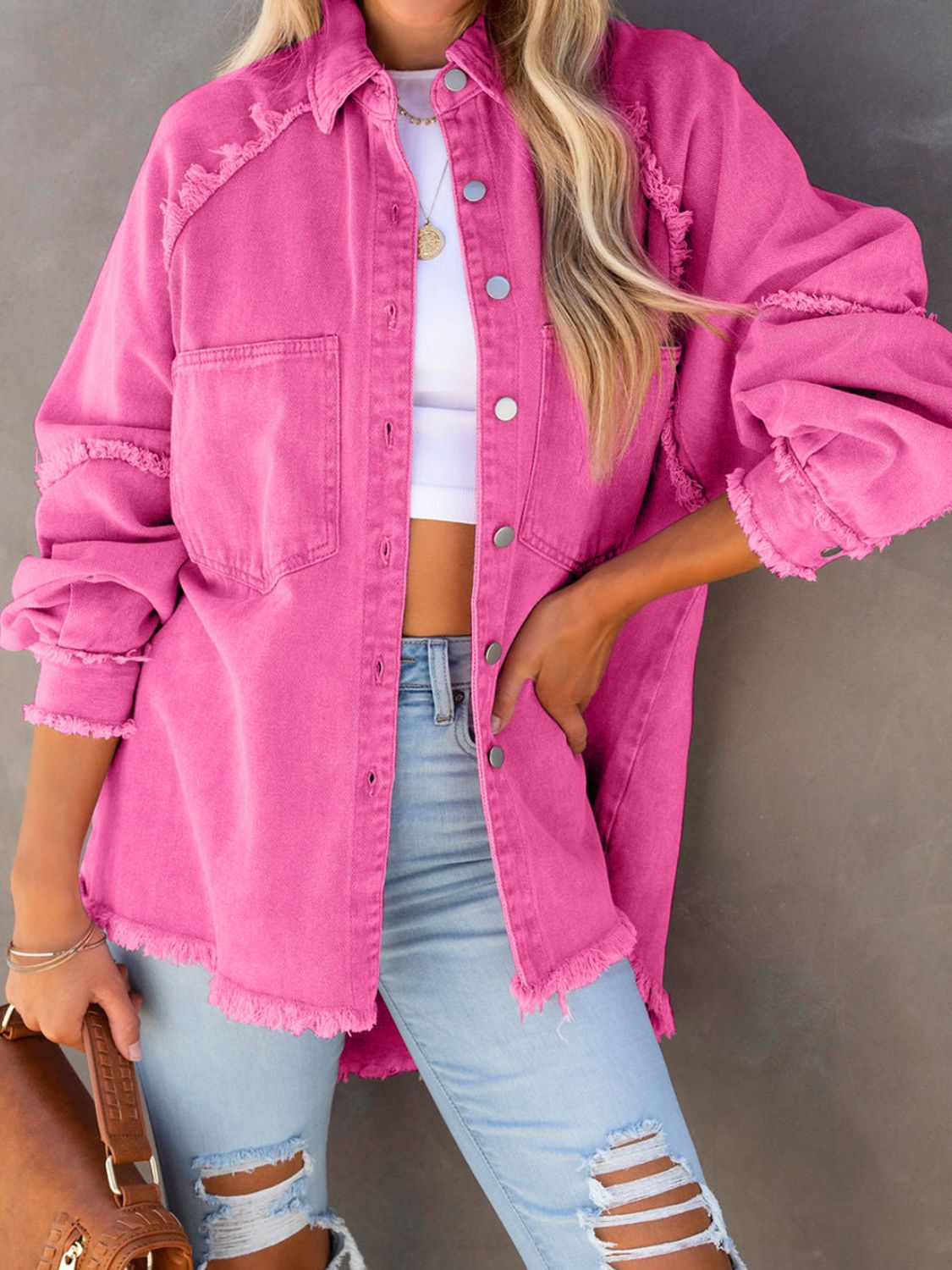 Button Down Raw Hem Denim Jacket - Pink