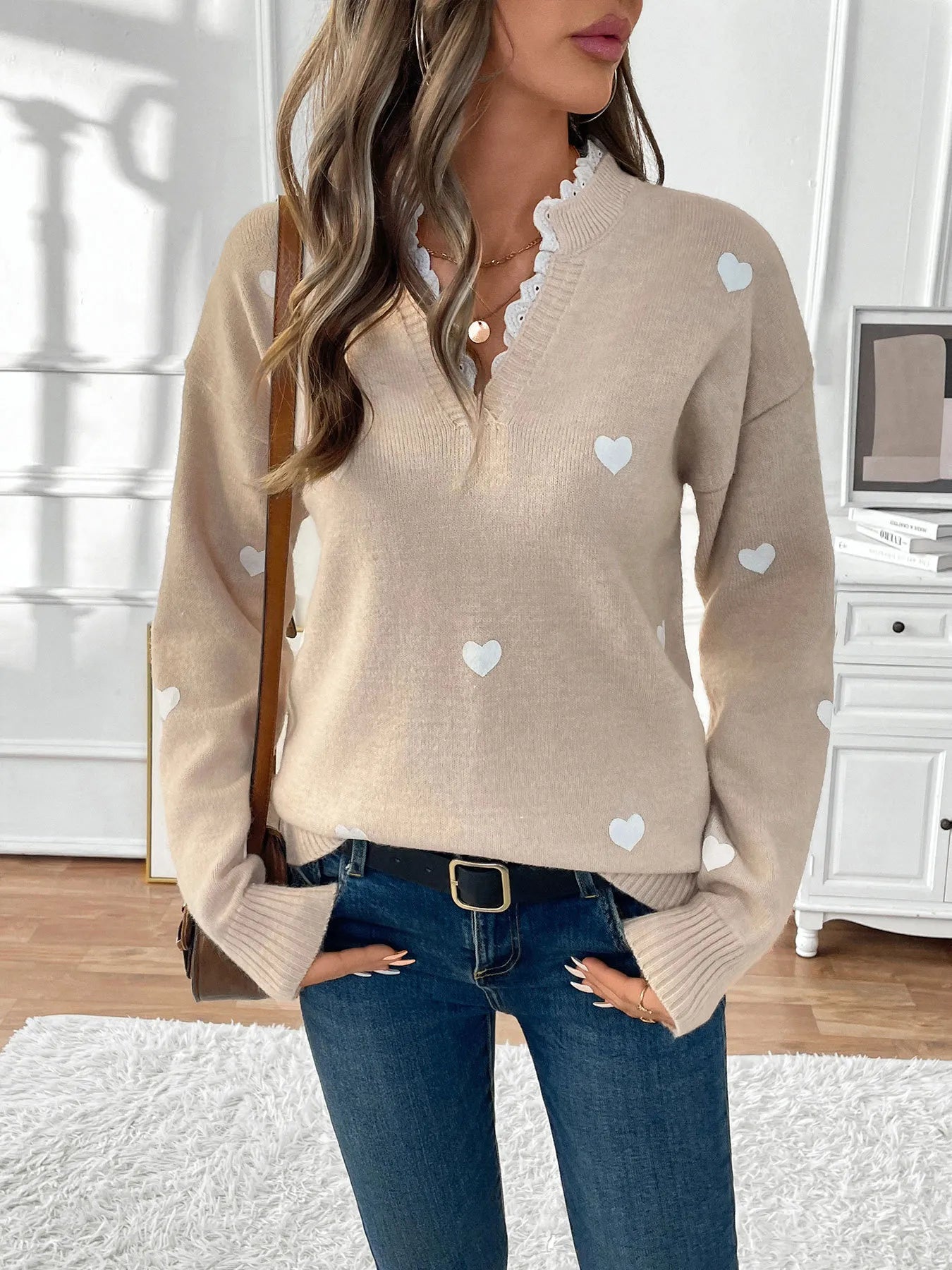 Heart V-Neck Long Sleeve Sweater -
