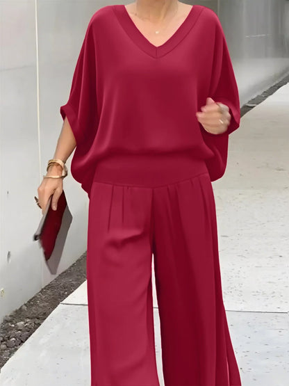 V-Neck Top and Wide Leg Pants Two-Piece Set -