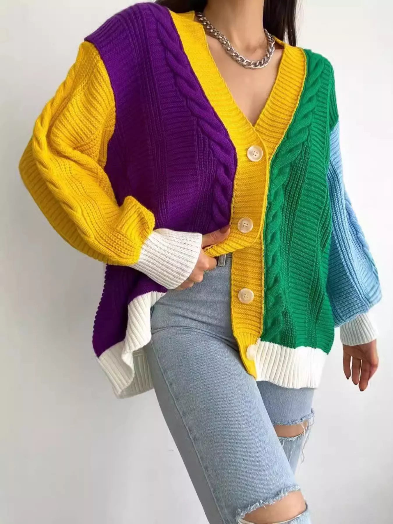 Color Block Button Down Cable-Knit Cardigan - Multicolor