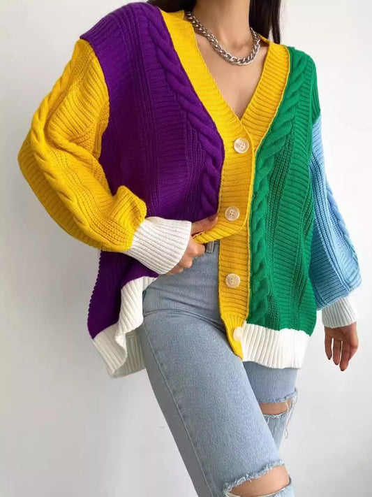 Color Block Button Down Cable-Knit Cardigan - Multicolor