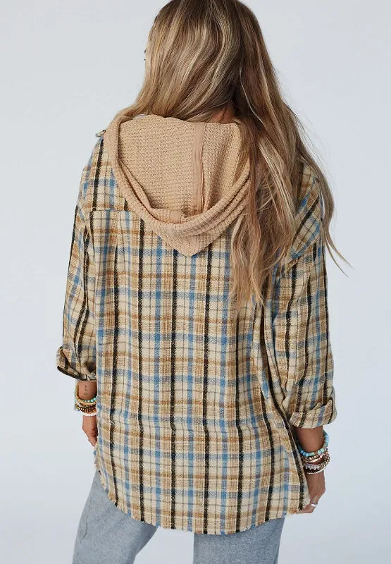 Waffle Knit Patchwork Hooded Plaid Shacket - Multicolor